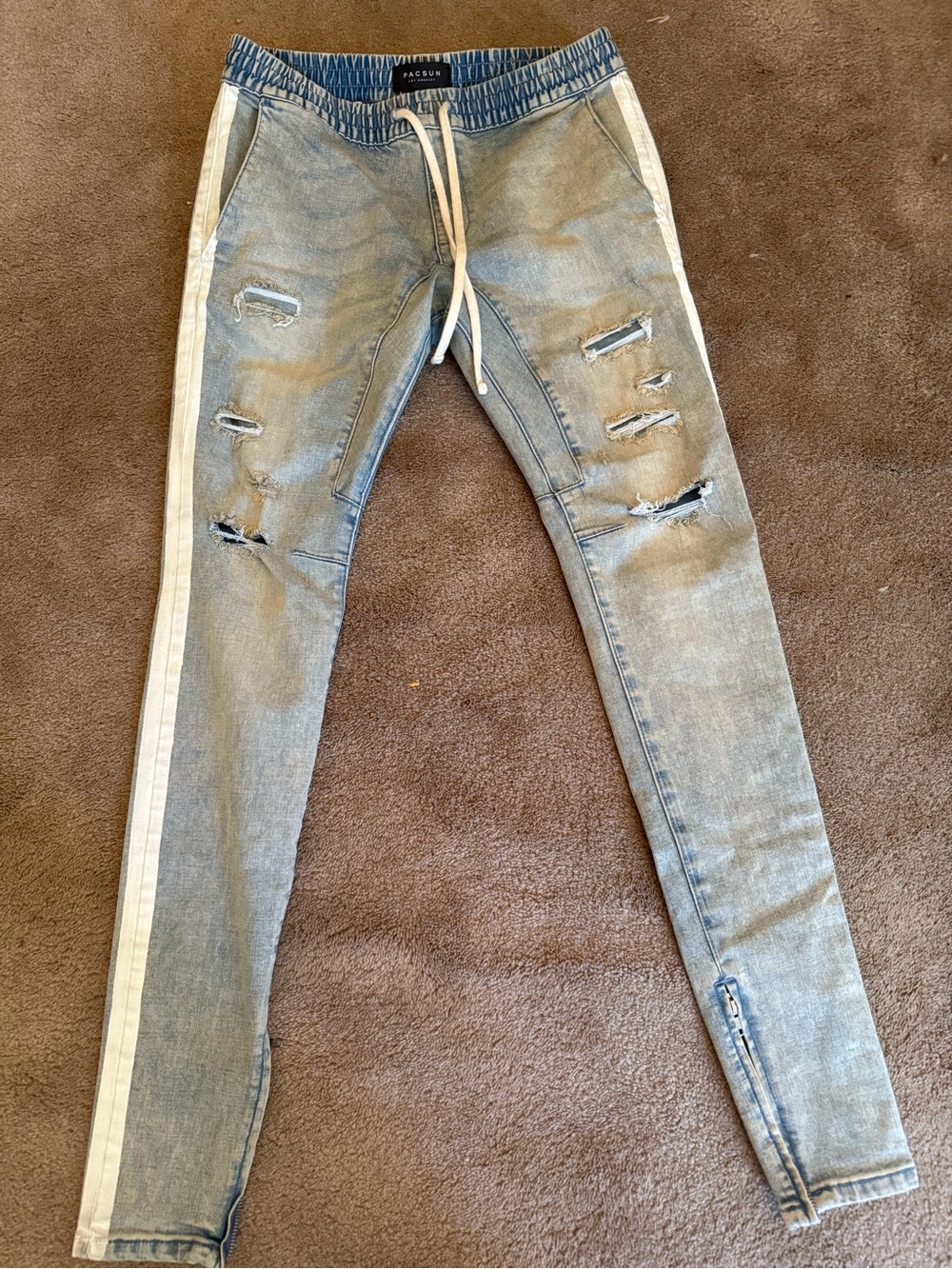 PacSun Light Blue Distressed Skinny Denim Joggers with White Side Stripe